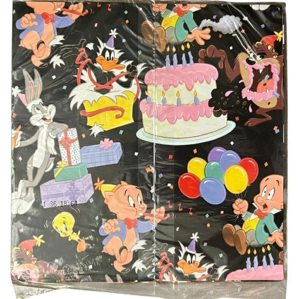 VTG 90s Looney Tunes Bugs Bunny Happy Birthday Gift Wrap NEW 4 1/6 SQ FT Warner